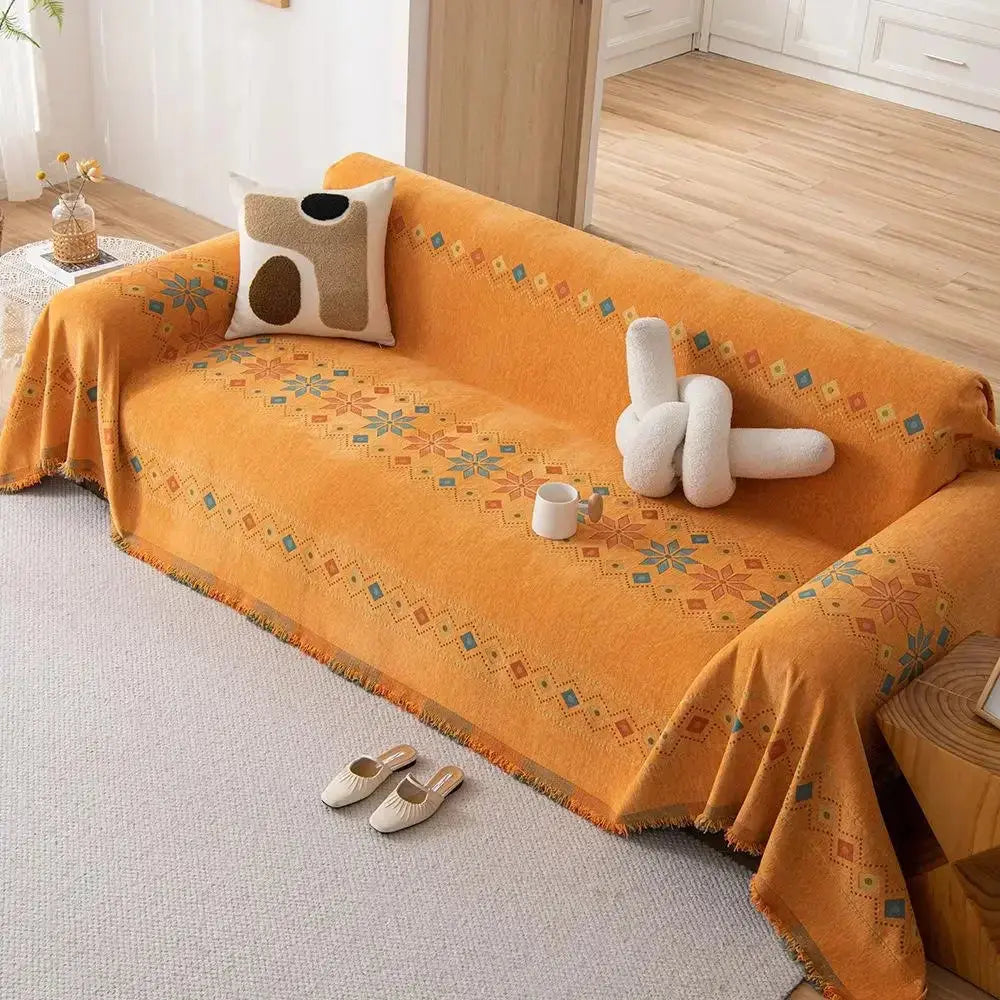 Capa de Sofá Decorativa Boho 100% Poliéster com Estampa Étnica e Franjas