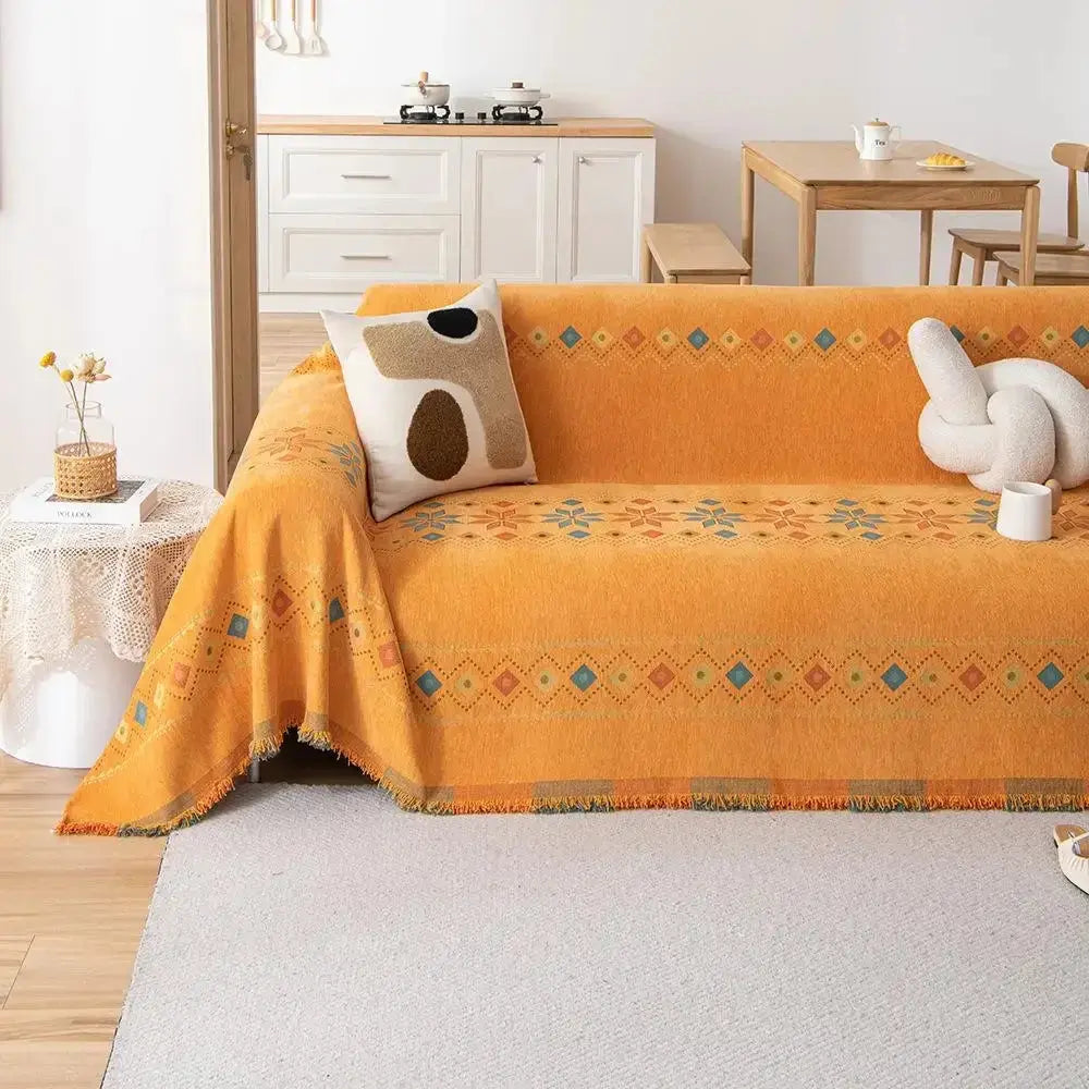 Capa de Sofá Decorativa Boho 100% Poliéster com Estampa Étnica e Franjas
