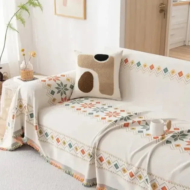 Capa de Sofá Decorativa Boho 100% Poliéster com Estampa Étnica e Franjas