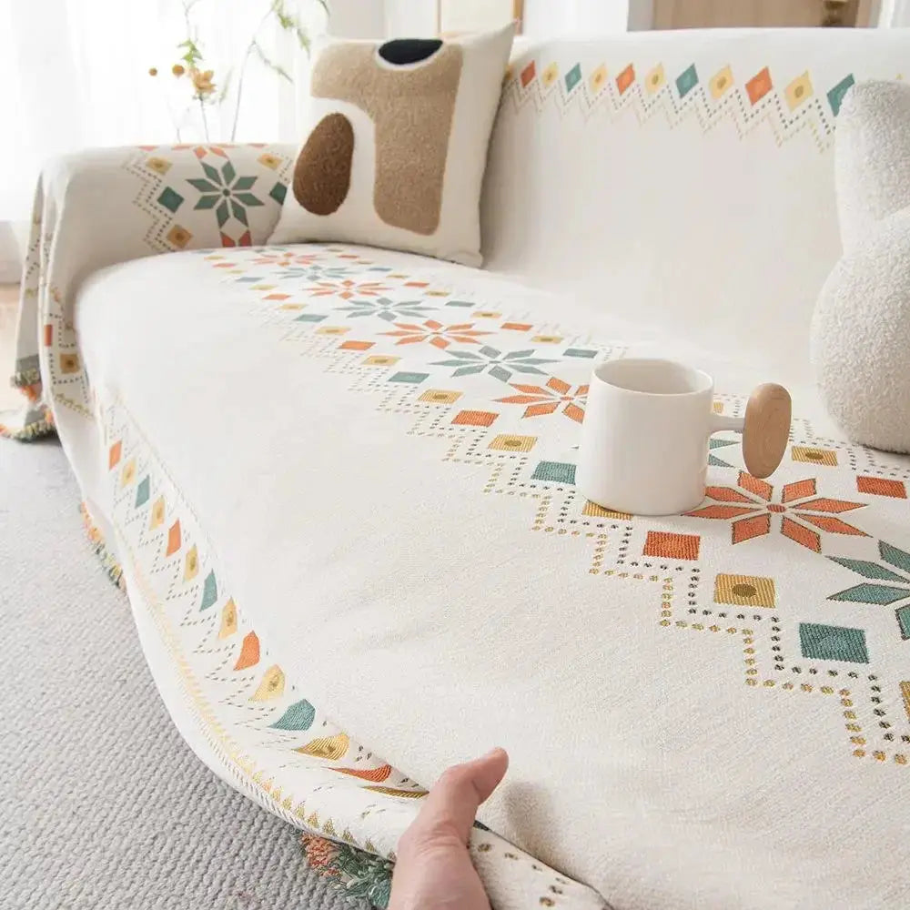 Capa de Sofá Decorativa Boho 100% Poliéster com Estampa Étnica e Franjas