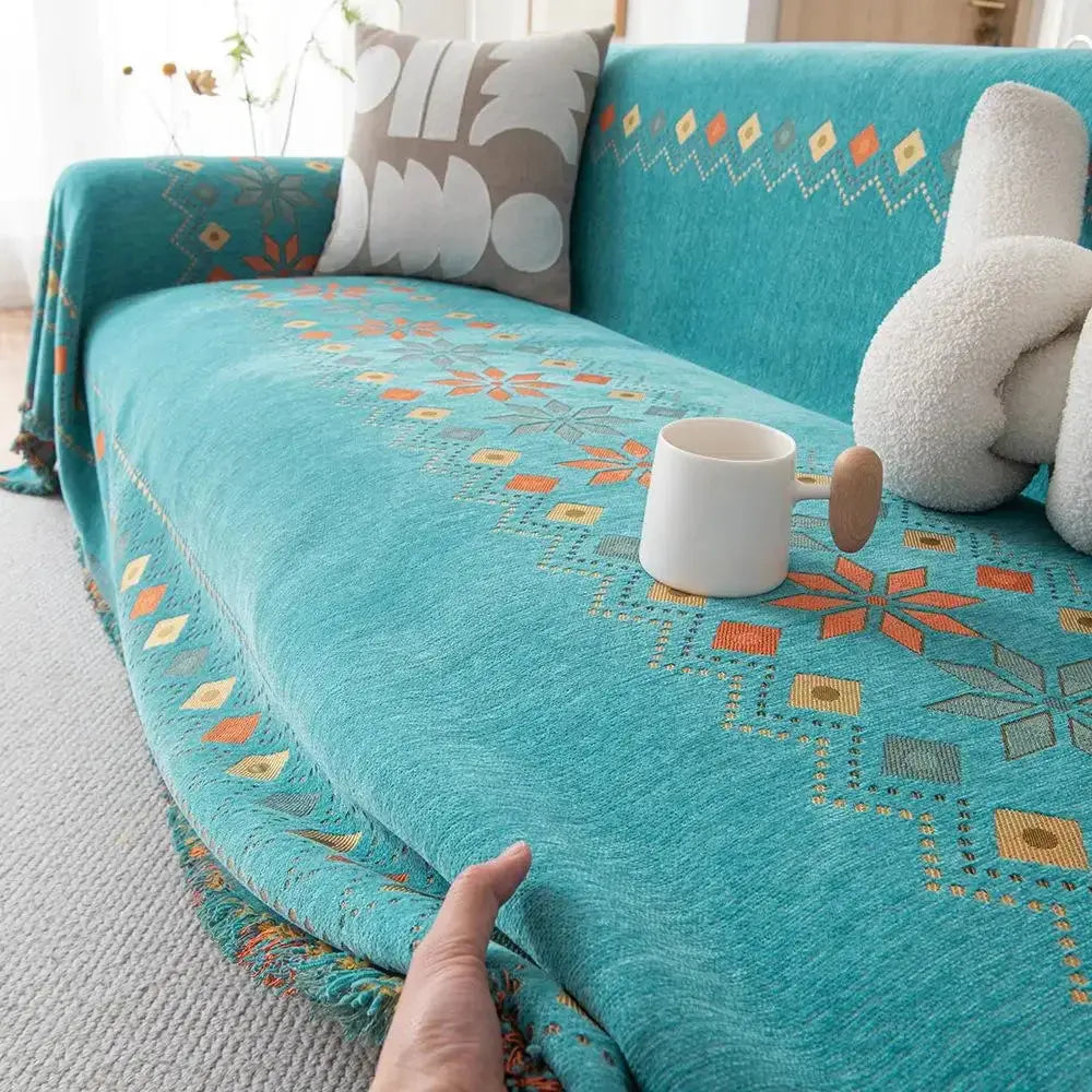 Capa de Sofá Decorativa Boho 100% Poliéster com Estampa Étnica e Franjas