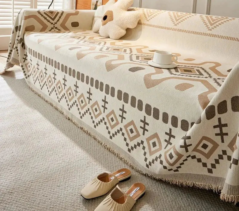 Cobertor de Sofá com Estampa Geométrica Boho e Borlas