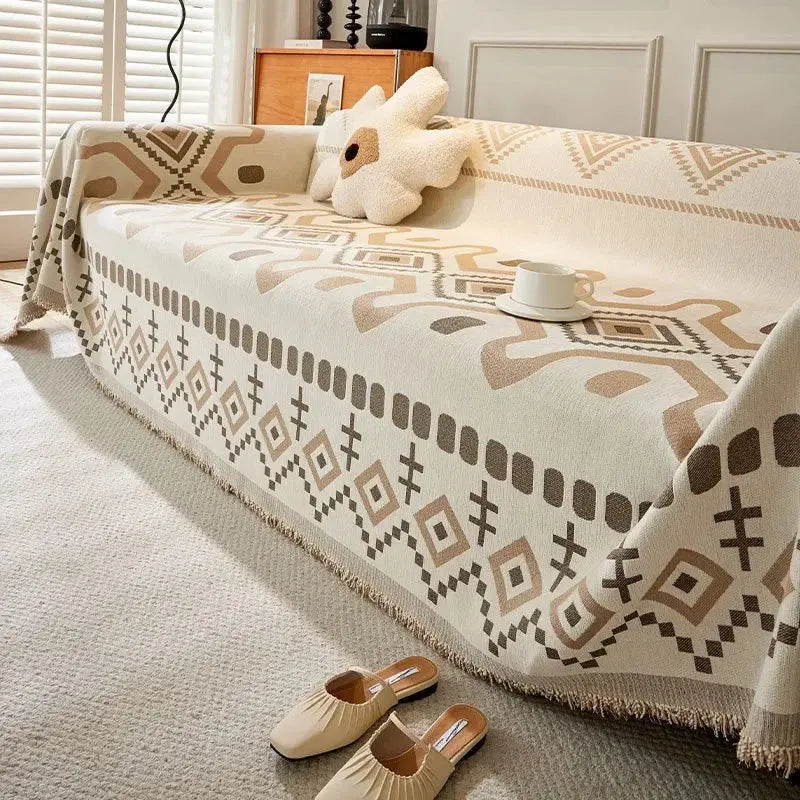 Cobertor de Sofá com Estampa Geométrica Boho e Borlas