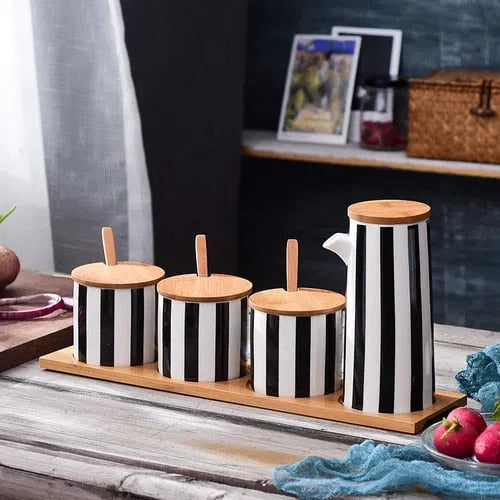 Conjunto Nórdico Cerâmica e Bambu Listrado-Kasamô