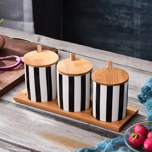Conjunto Nórdico Cerâmica e Bambu Listrado-Kasamô