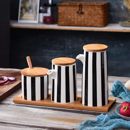 Conjunto Nórdico Cerâmica e Bambu Listrado-Kasamô
