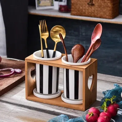 Conjunto Nórdico Cerâmica e Bambu Listrado-Kasamô