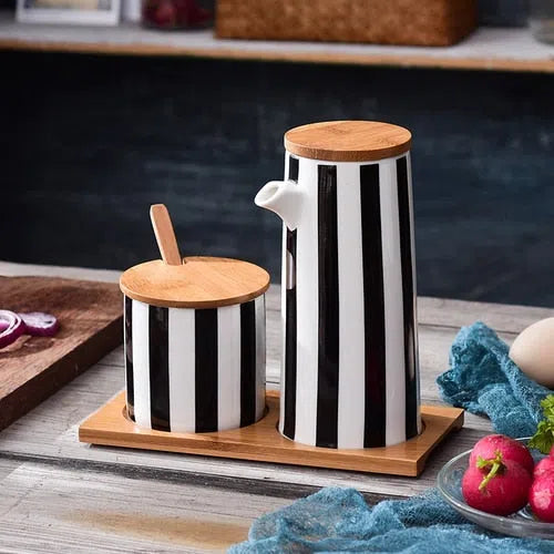 Conjunto Nórdico Cerâmica e Bambu Listrado-Kasamô