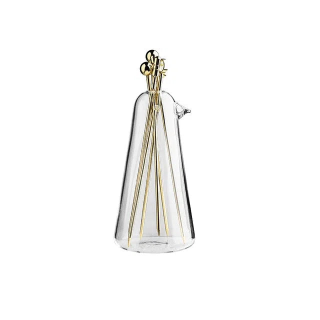 Conjunto de Garfos para Petiscos Dourados e Suporte de Pássaro em Vidro-Kasamô