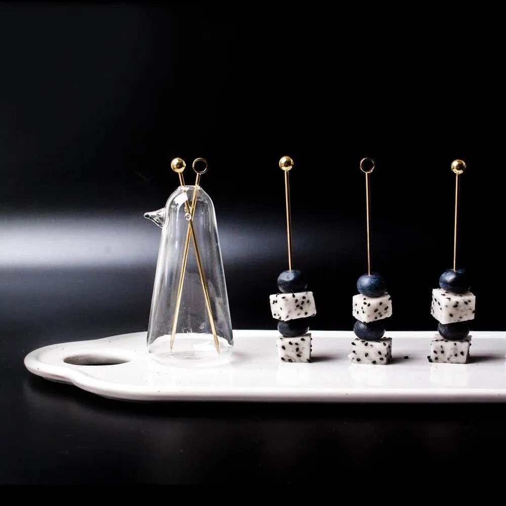 Conjunto de Garfos para Petiscos Dourados e Suporte de Pássaro em Vidro-Kasamô