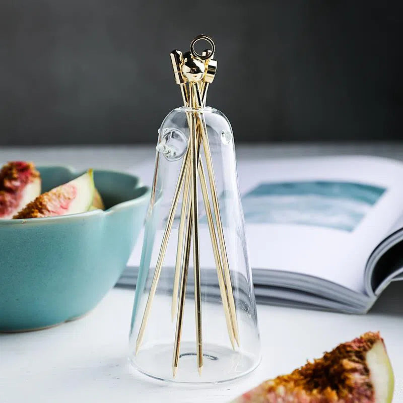 Conjunto de Garfos para Petiscos Dourados e Suporte de Pássaro em Vidro-Kasamô