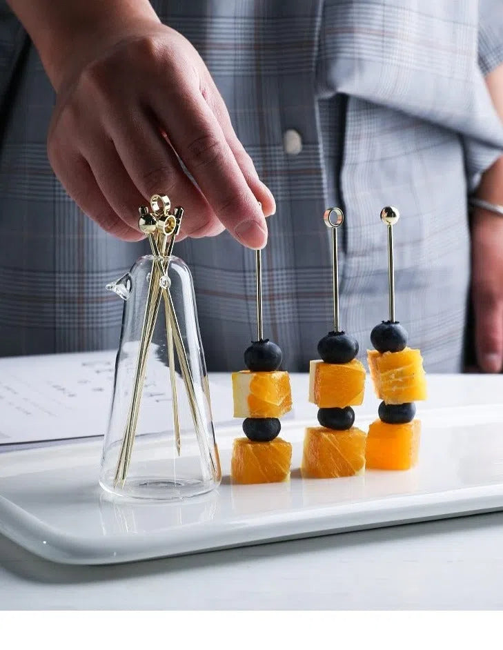 Conjunto de Garfos para Petiscos Dourados e Suporte de Pássaro em Vidro-Kasamô