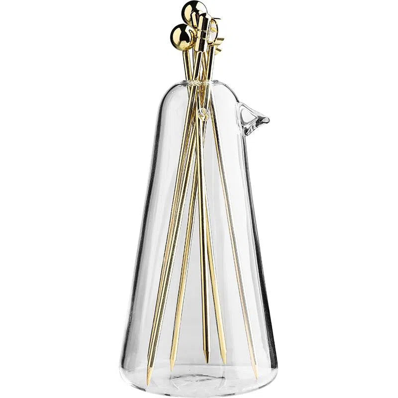 Conjunto de Garfos para Petiscos Dourados e Suporte de Pássaro em Vidro-Kasamô