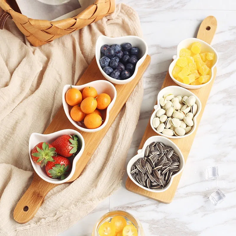 Conjunto de Petisqueiras de Porcelana em Mini Tábua de Bambu-Kasamô