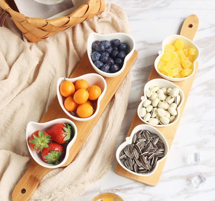 Conjunto de Petisqueiras de Porcelana em Mini Tábua de Bambu-Kasamô