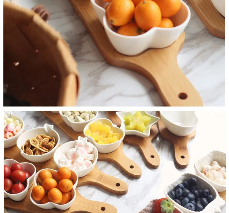 Conjunto de Petisqueiras de Porcelana em Mini Tábua de Bambu-Kasamô