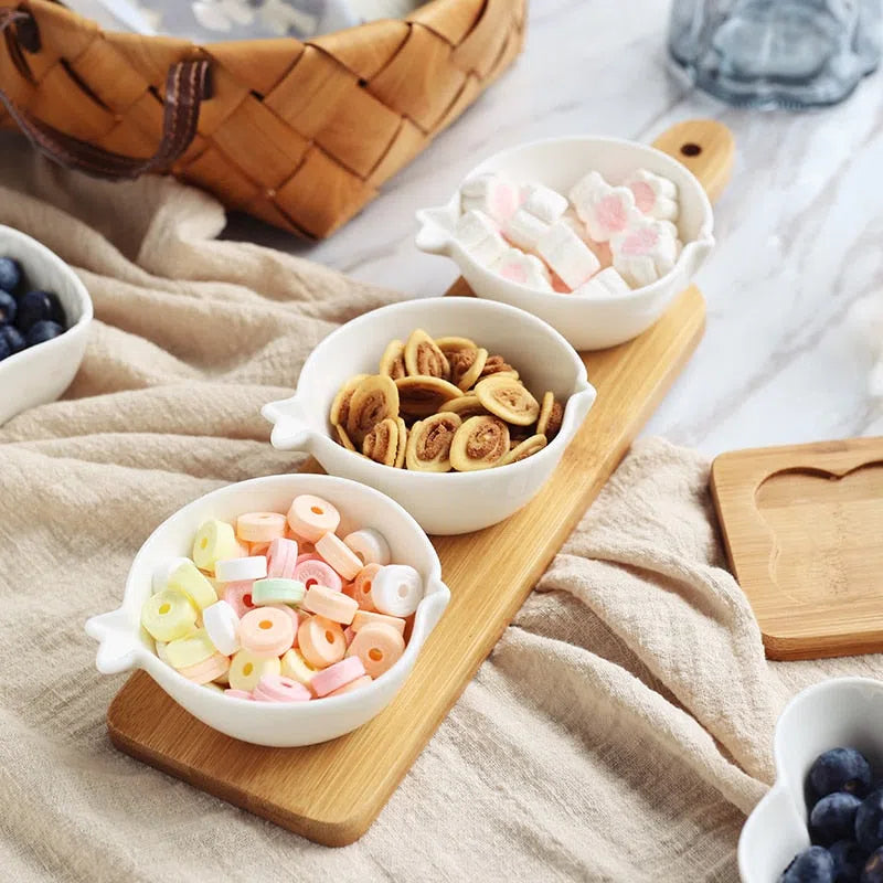 Conjunto de Petisqueiras de Porcelana em Mini Tábua de Bambu-Kasamô