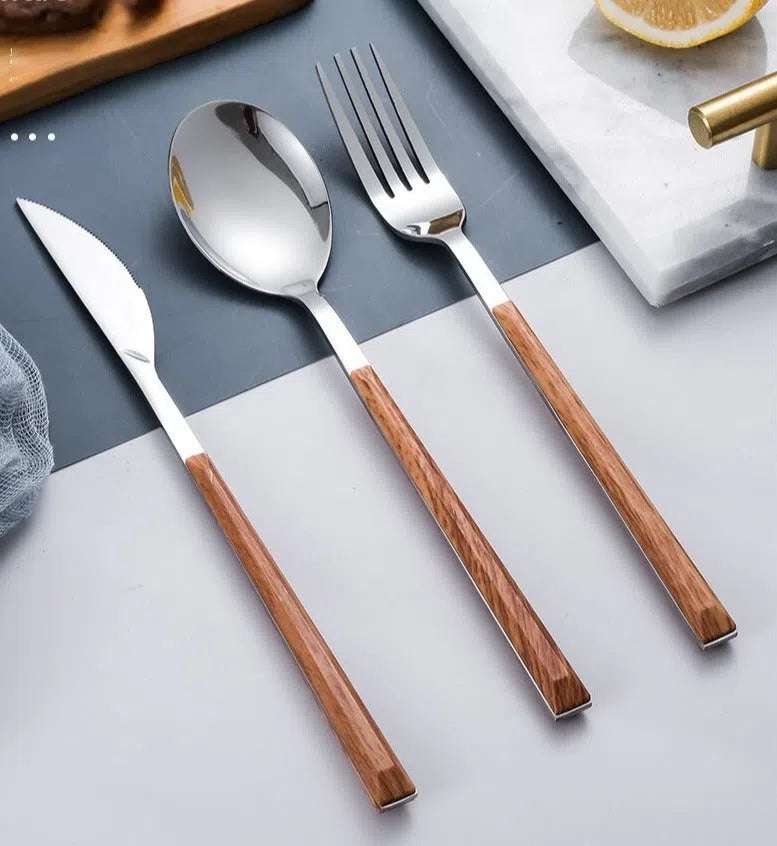 Conjunto de Talheres Com Cabo Fino Efeito Madeira - 30 Peças-Kasamô