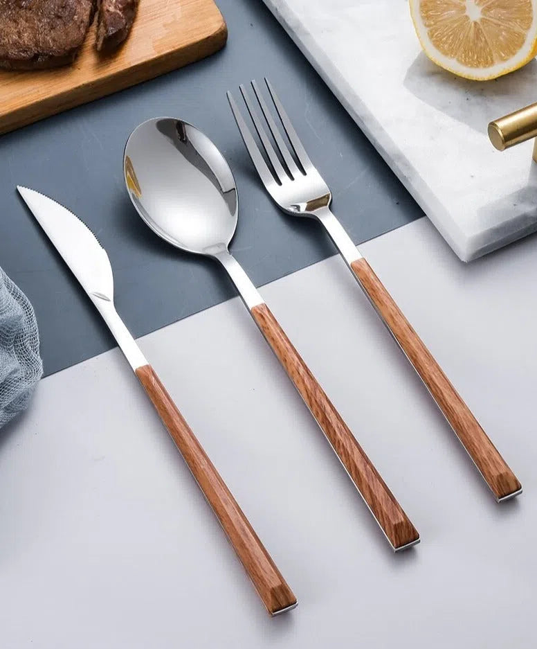 Conjunto de Talheres Com Cabo Fino Efeito Madeira - 30 Peças-Kasamô