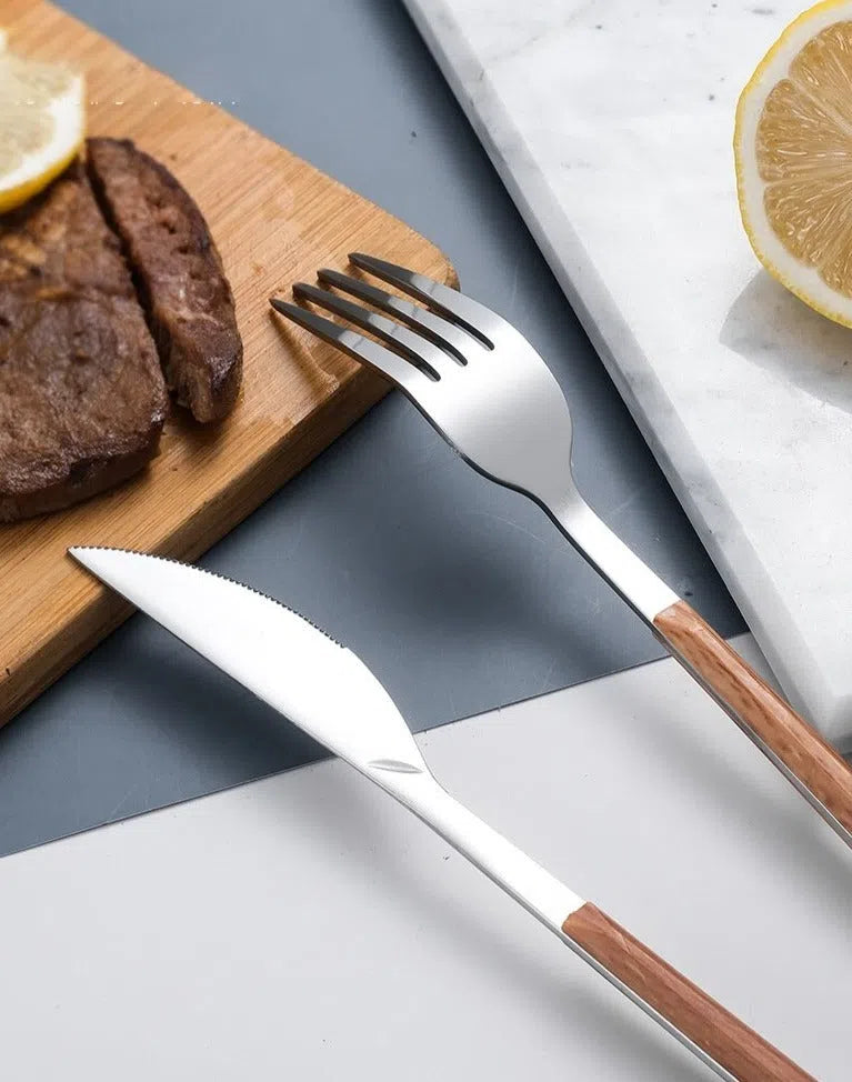 Conjunto de Talheres Com Cabo Fino Efeito Madeira - 30 Peças-Kasamô