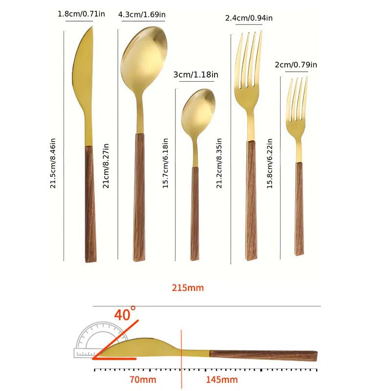 Conjunto de Talheres Com Cabo Fino Efeito Madeira - 30 Peças-Kasamô