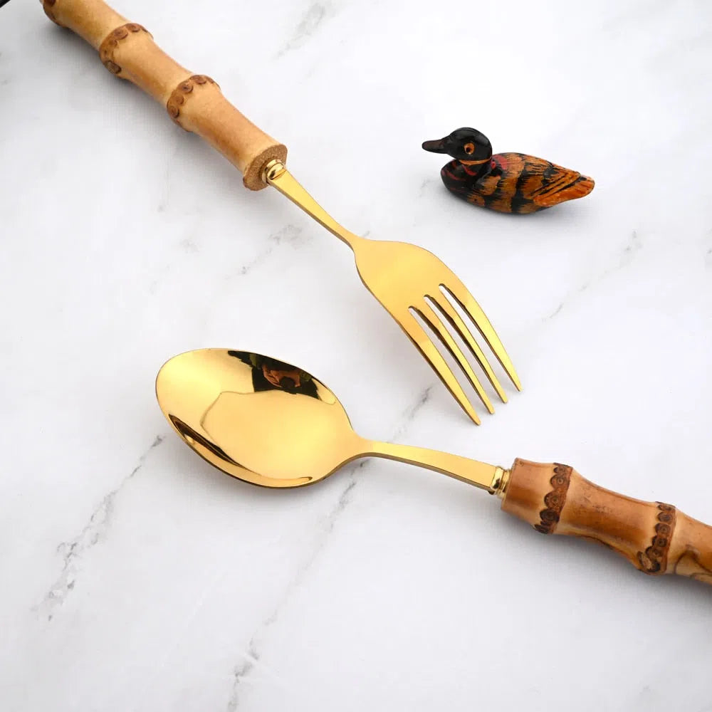 Conjunto de Talheres em Aço Inox e Cabo em Bambu - 24 Peças-Kasamô