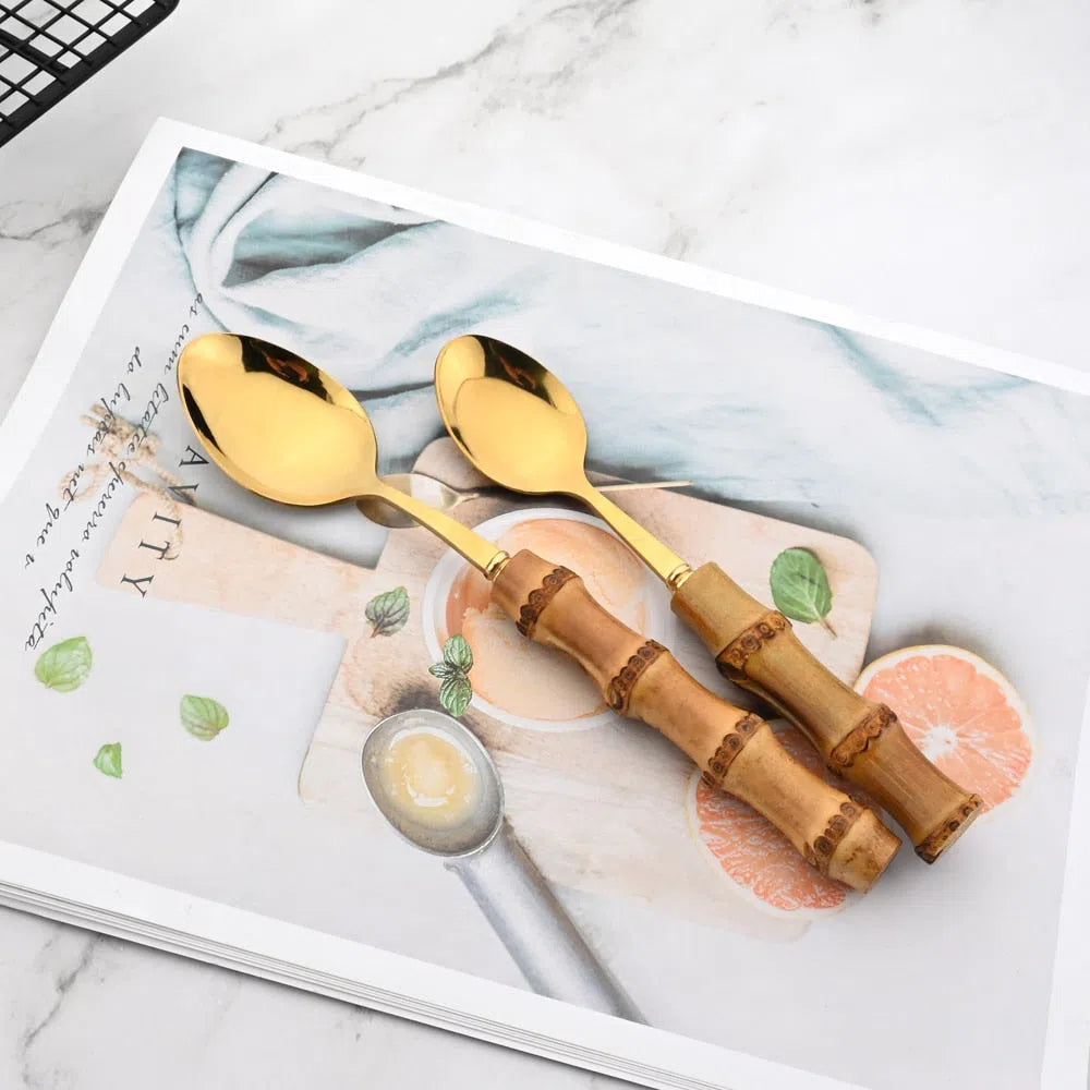 Conjunto de Talheres em Aço Inox e Cabo em Bambu - 24 Peças-Kasamô