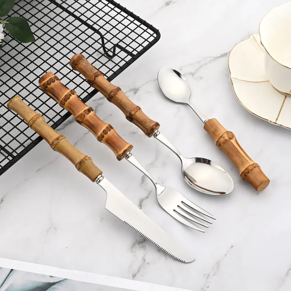 Conjunto de Talheres em Aço Inox e Cabo em Bambu - 24 Peças-Kasamô