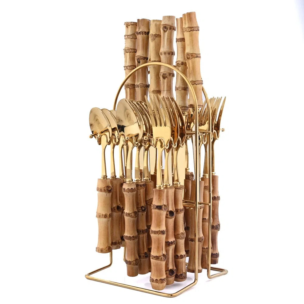 Conjunto de Talheres em Aço Inox e Cabo em Bambu - 24 Peças-Kasamô