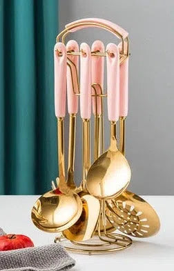 Conjunto de Utensílios em Inox e Cabo de Cerâmica Luxo - 7 Peças-Kasamô