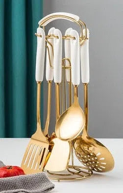 Conjunto de Utensílios em Inox e Cabo de Cerâmica Luxo - 7 Peças-Kasamô