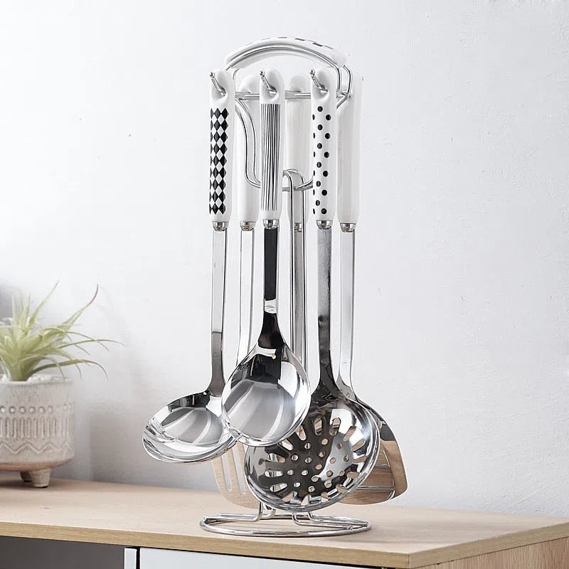 Conjunto de Utensílios em Inox e Cabo de Cerâmica Luxo - 7 Peças-Kasamô