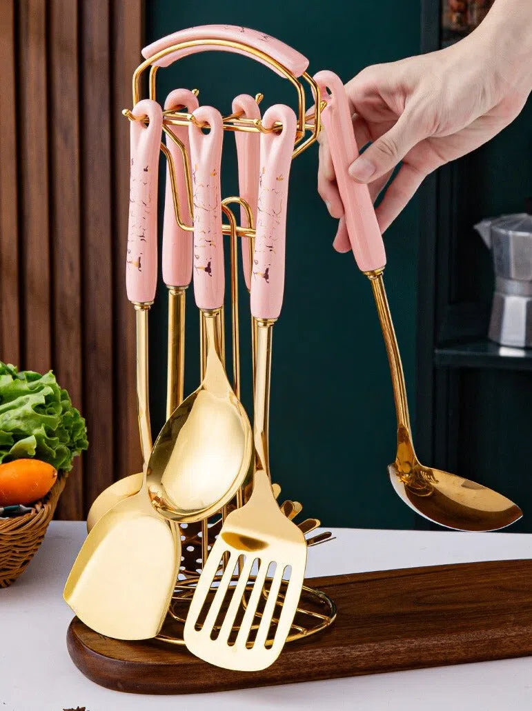 Conjunto de Utensílios em Inox e Cabo de Cerâmica Luxo - 7 Peças-Kasamô