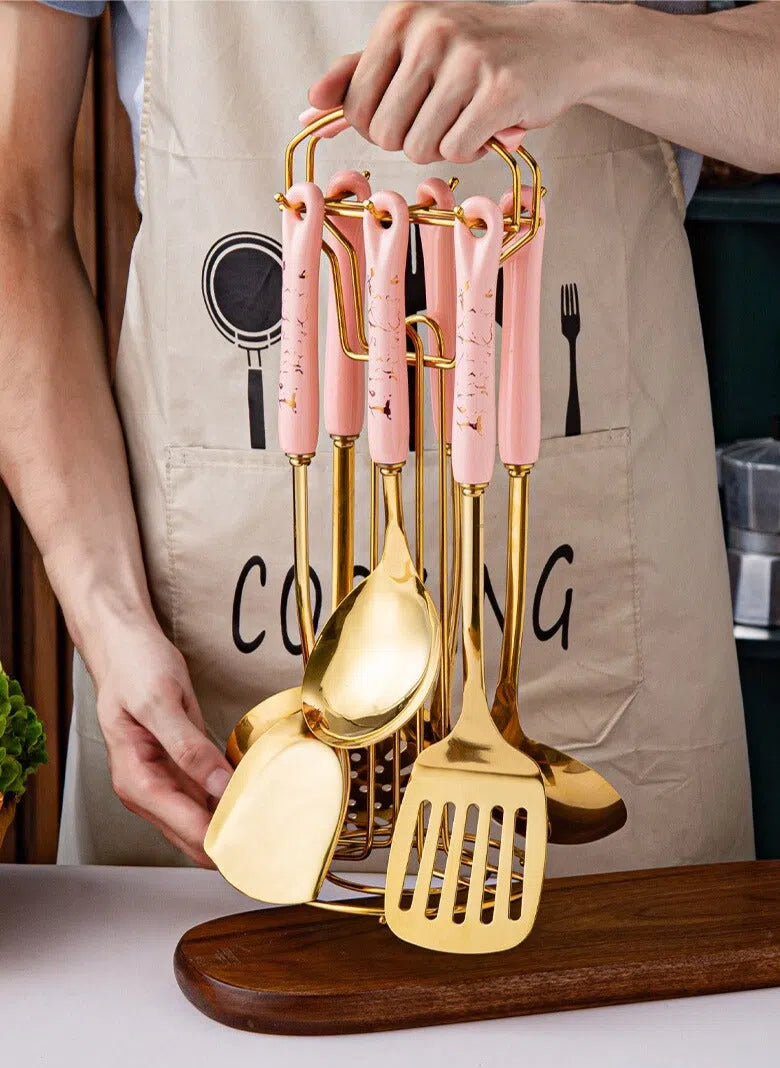 Conjunto de Utensílios em Inox e Cabo de Cerâmica Luxo - 7 Peças-Kasamô