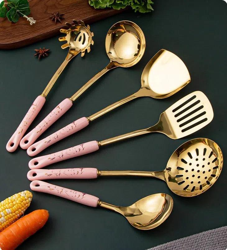 Conjunto de Utensílios em Inox e Cabo de Cerâmica Luxo - 7 Peças-Kasamô