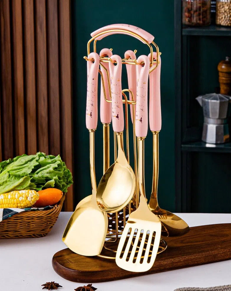 Conjunto de Utensílios em Inox e Cabo de Cerâmica Luxo - 7 Peças-Kasamô