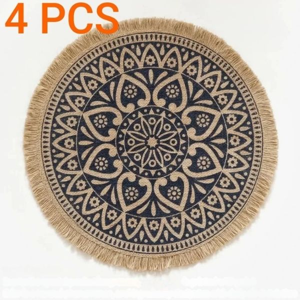 Jogo Americano Rústico com Franjas Mandala (4 peças)