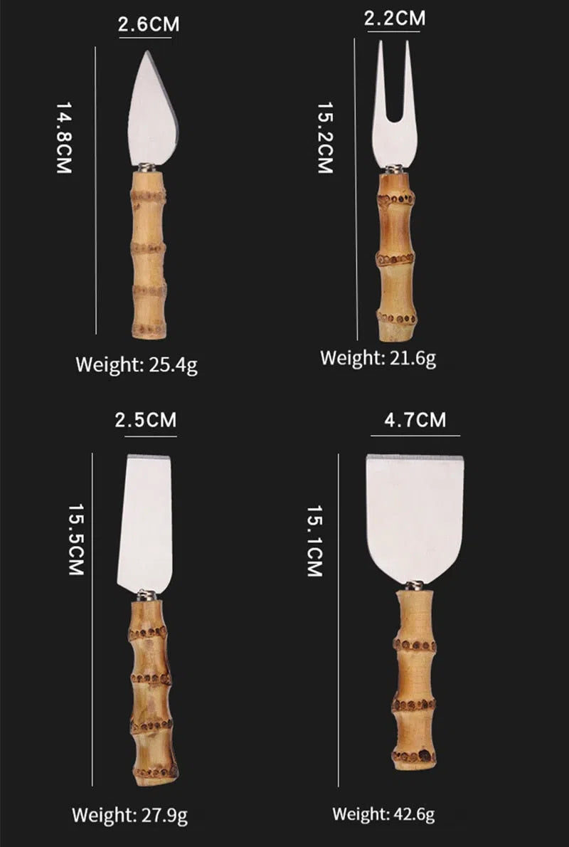 Kit de Cortador para Queijos em Aço Inox e Cabo em Bambu - 04 Peças-Kasamô