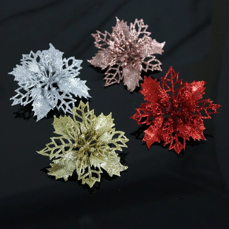 Kit com 10 Flores de Natal Glitter 8cm – Decoração para Árvore, Guirlandas e Festas Kasamô