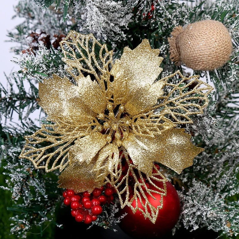 Kit com 10 Flores de Natal Glitter 8cm – Decoração para Árvore, Guirlandas e Festas Kasamô