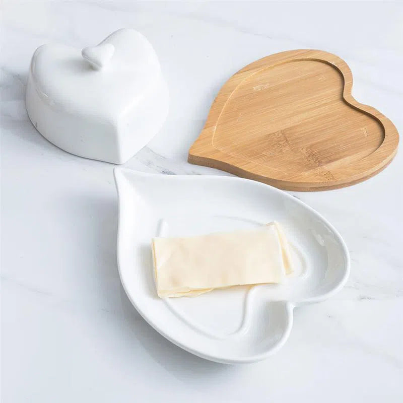 Manteigueira de Coração em Cerâmica e Base de Bambu-Kasamô