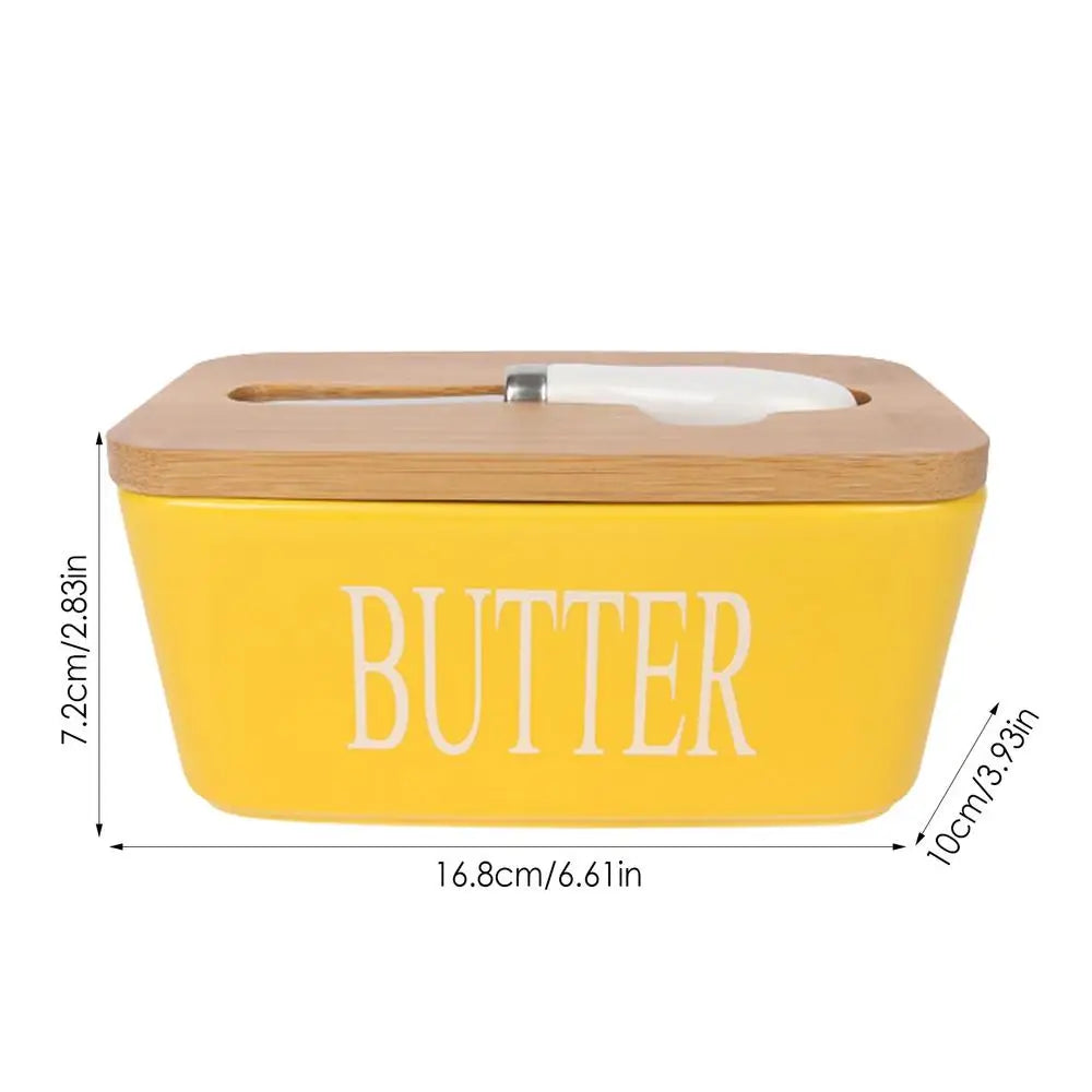 Manteigueira em Cerâmica com Tampa em Madeira e Faca - 600ml-Kasamô