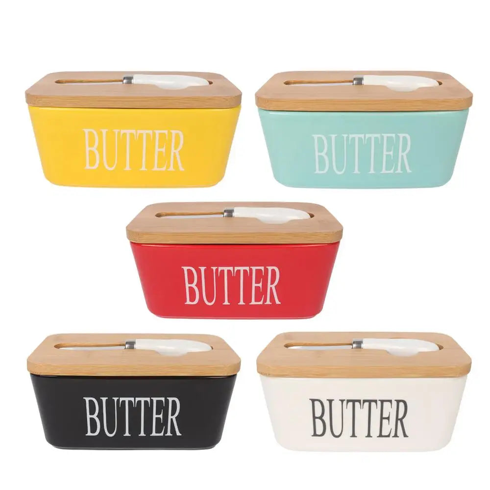 Manteigueira em Cerâmica com Tampa em Madeira e Faca - 600ml-Kasamô