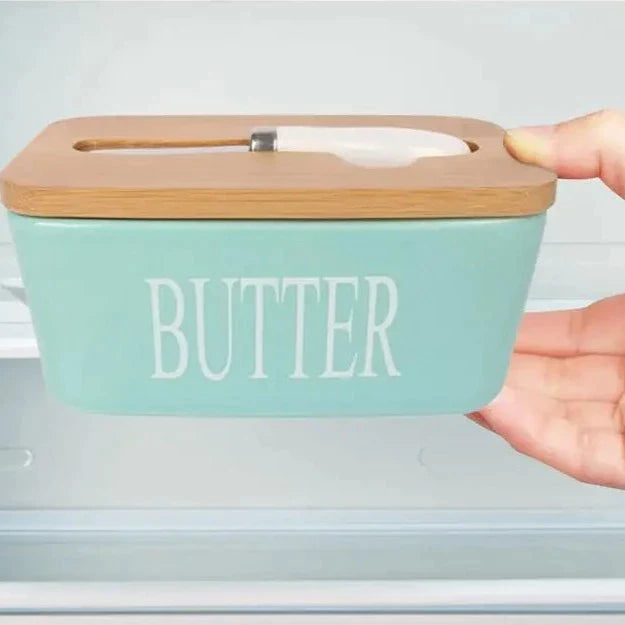 Manteigueira em Cerâmica com Tampa em Madeira e Faca - 600ml-Kasamô