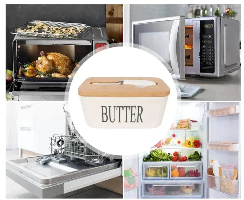 Manteigueira em Cerâmica com Tampa em Madeira e Faca - 600ml-Kasamô