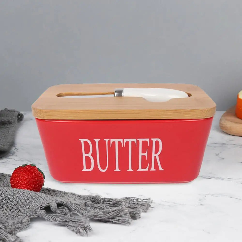 Manteigueira em Cerâmica com Tampa em Madeira e Faca - 600ml-Kasamô