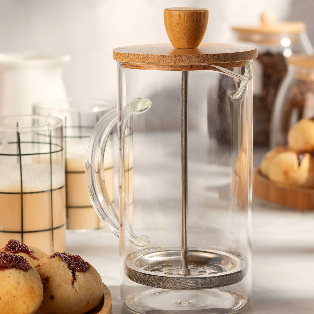 Cafeteira Prensa Francesa de Vidro Borossilicato com Tampa de Bambu - Kasamô