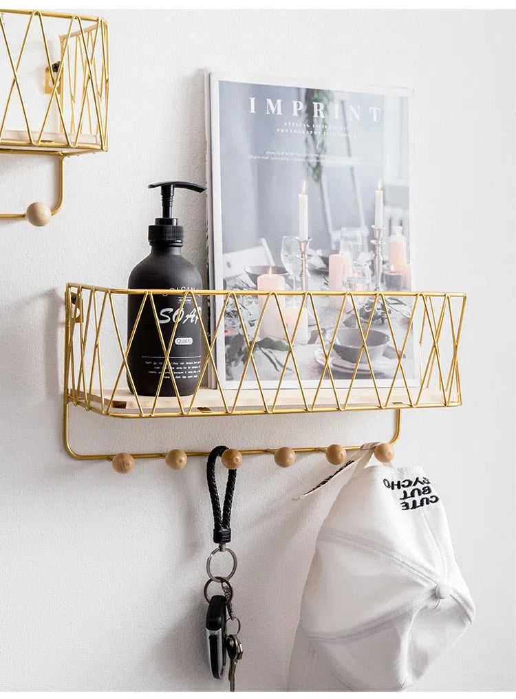 Suporte de Parede com Ganchos e Cesto Organizador-Kasamô