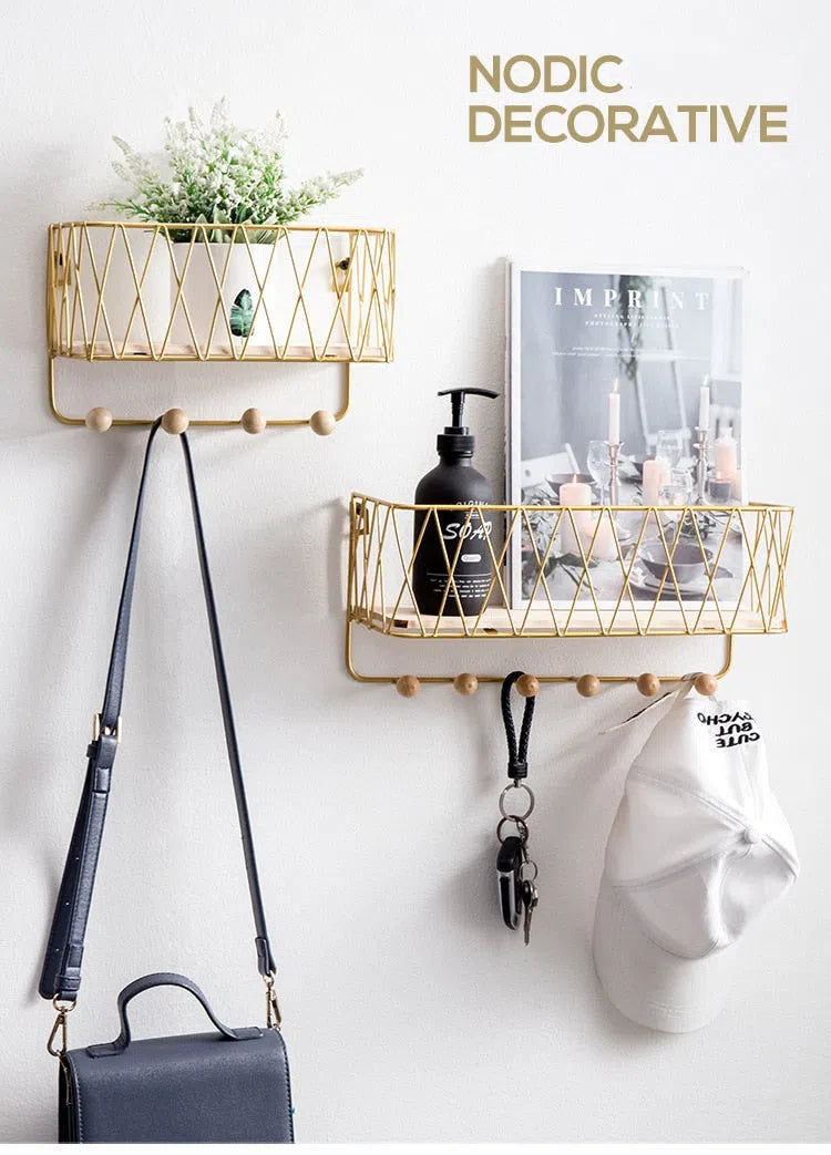 Suporte de Parede com Ganchos e Cesto Organizador-Kasamô