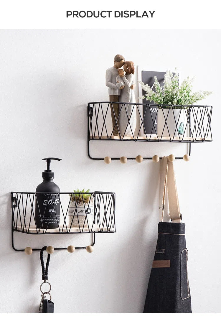 Suporte de Parede com Ganchos e Cesto Organizador-Kasamô